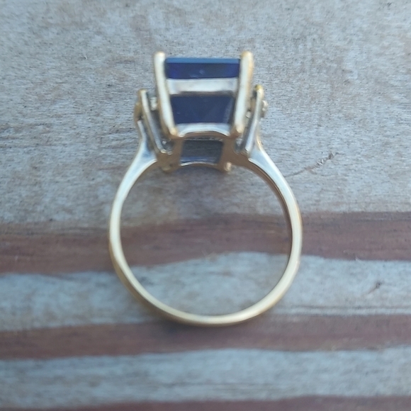 Simulated Sapphire Gold Tone Over 925 Sterling Silver Ring Size 9 - Picture 2 of 7